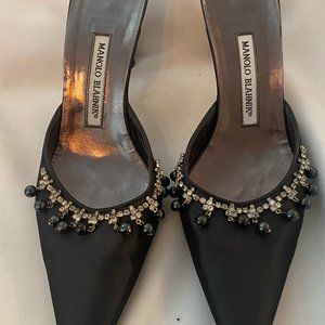 Manolo Blahnik ~ Black Satin Beaded Pointy Toe Slings~Excell Cond~Size 40.5